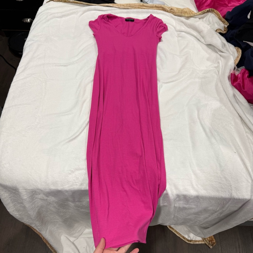 See You Monday Pink Bodycon Maxi Dress Crew Neck Short Sleeve